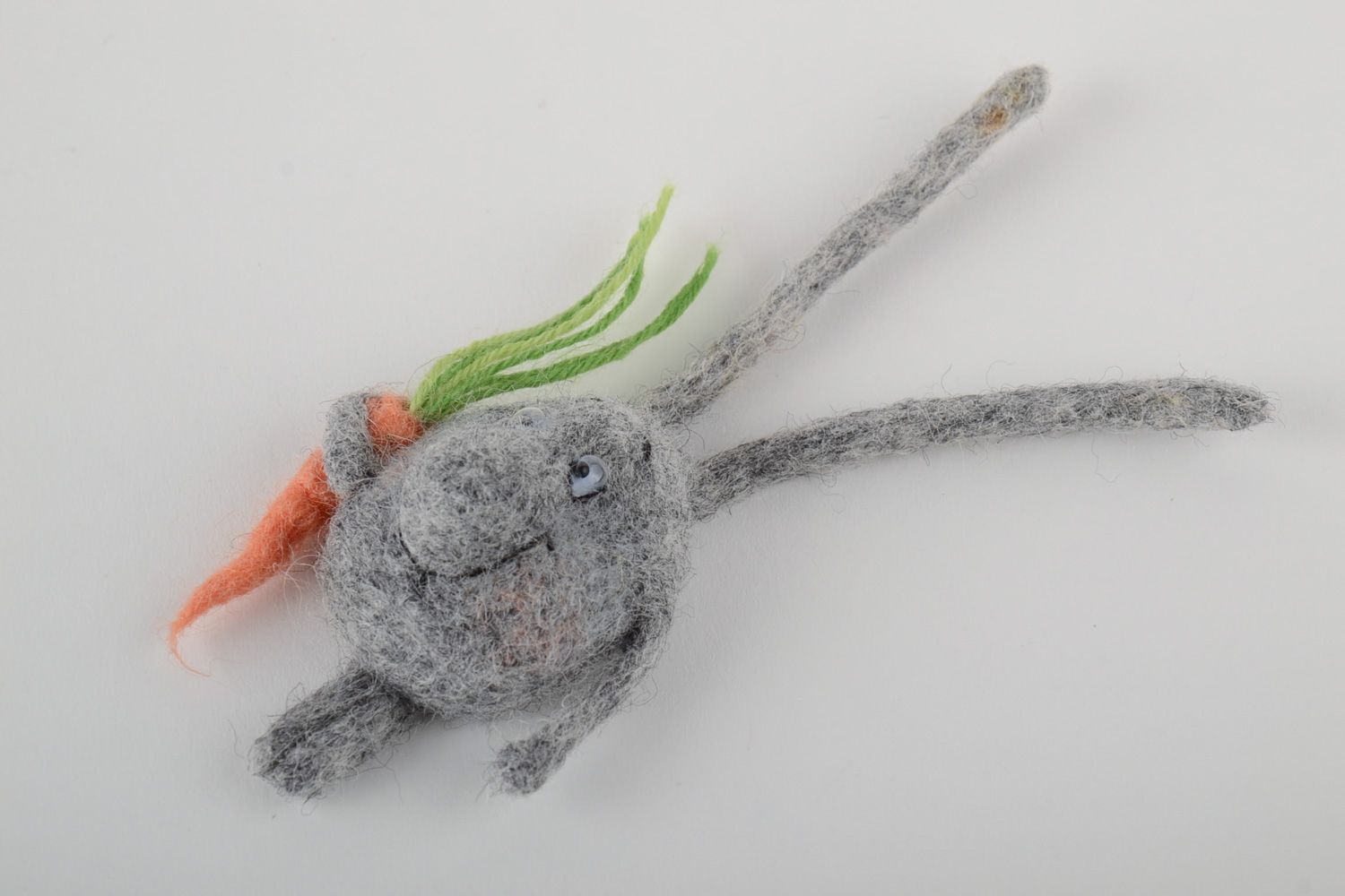 Handmade funny decorative fridge magnet felted of wool gray rabbit with carrot photo 2