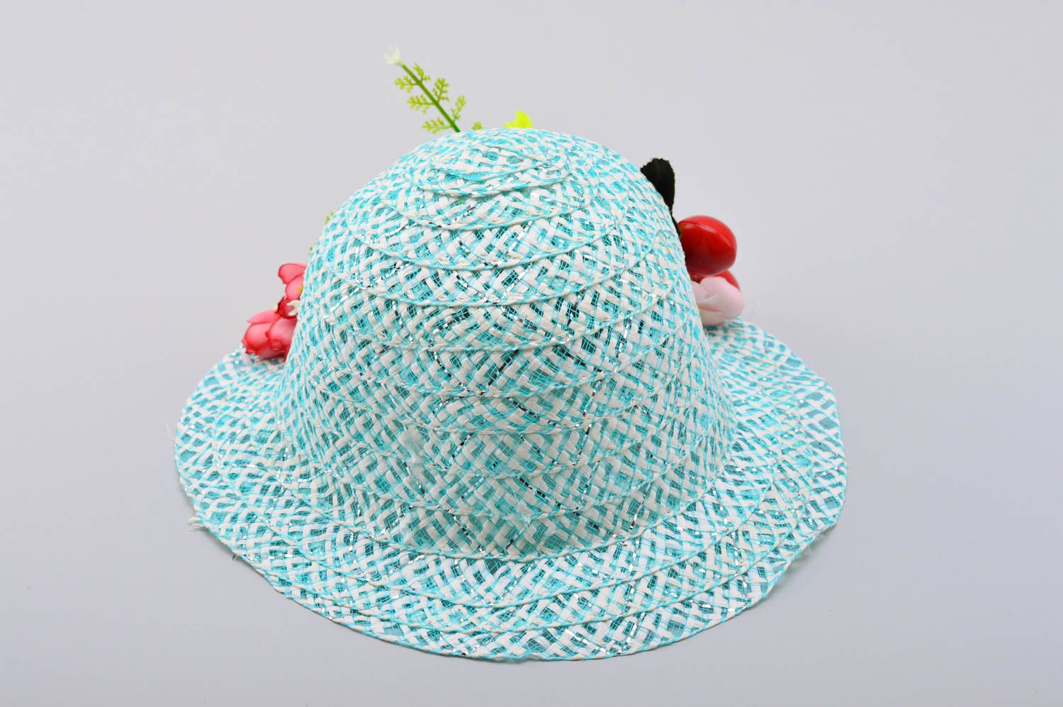 Handmade Sommer Hut Damen Accessoire Geschenk für Frauen blau mit Blumen schön foto 4