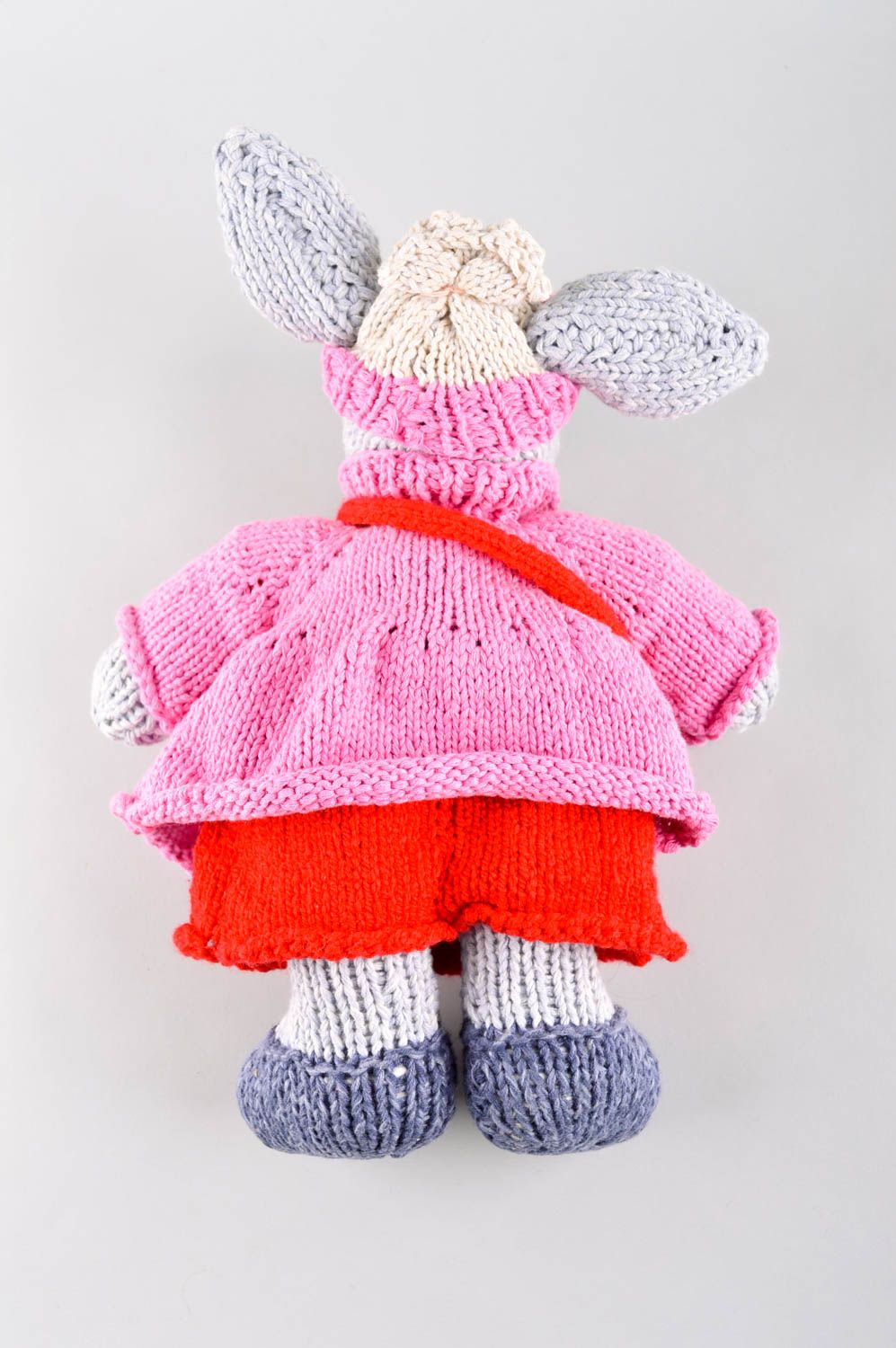 Handmade unusual soft toy textile toys for kids pink knitted rabbit toy photo 4