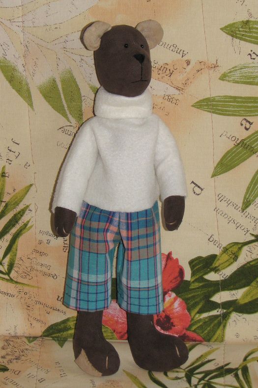 Handmade soft toy sewn of synthetic suede Bear in sweater and shorts for kids photo 3
