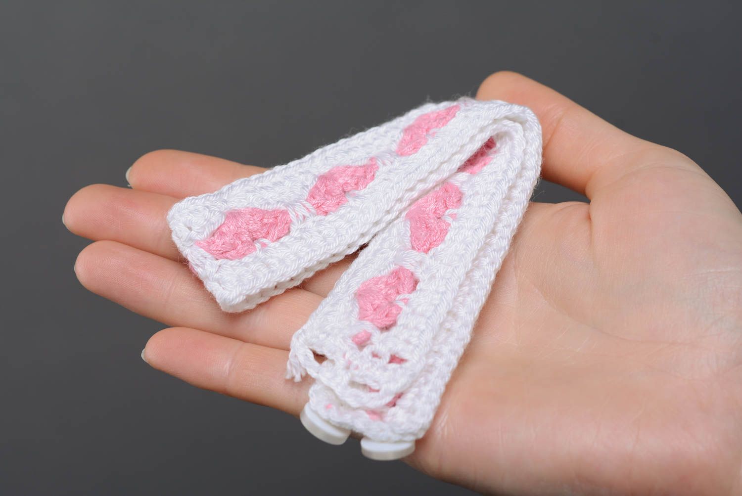 Beautiful gentle white and pink handmade designer children's knitted headband for girl photo 5