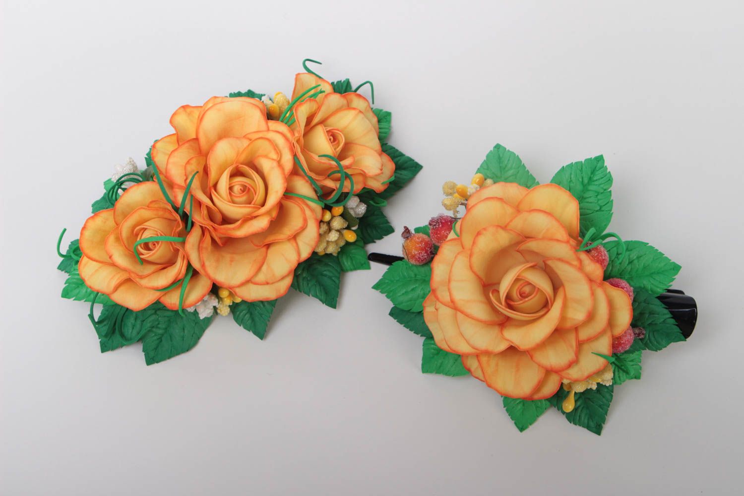 Ensemble de barrettes à cheveux en foamiran fleurs orange faites main 2 pièces photo 2