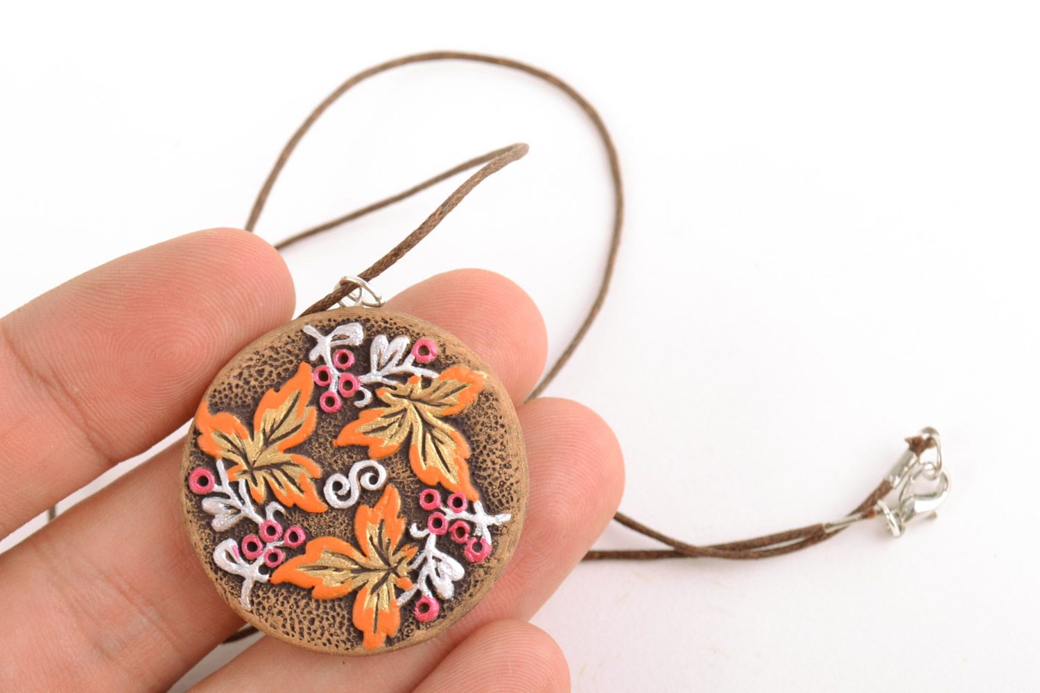 Handmade bright round ceramic pendant painted with acrylics in ethnic style  photo 2