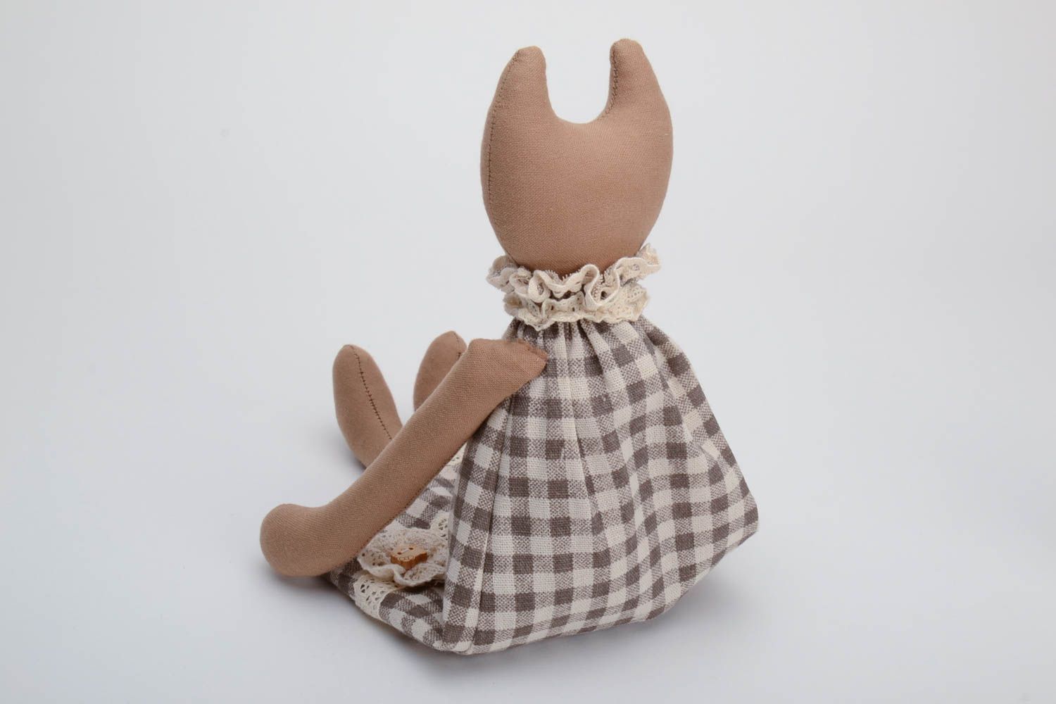 Handmade designer cotton fabric soft toy brown cat girl in checkered dress photo 4