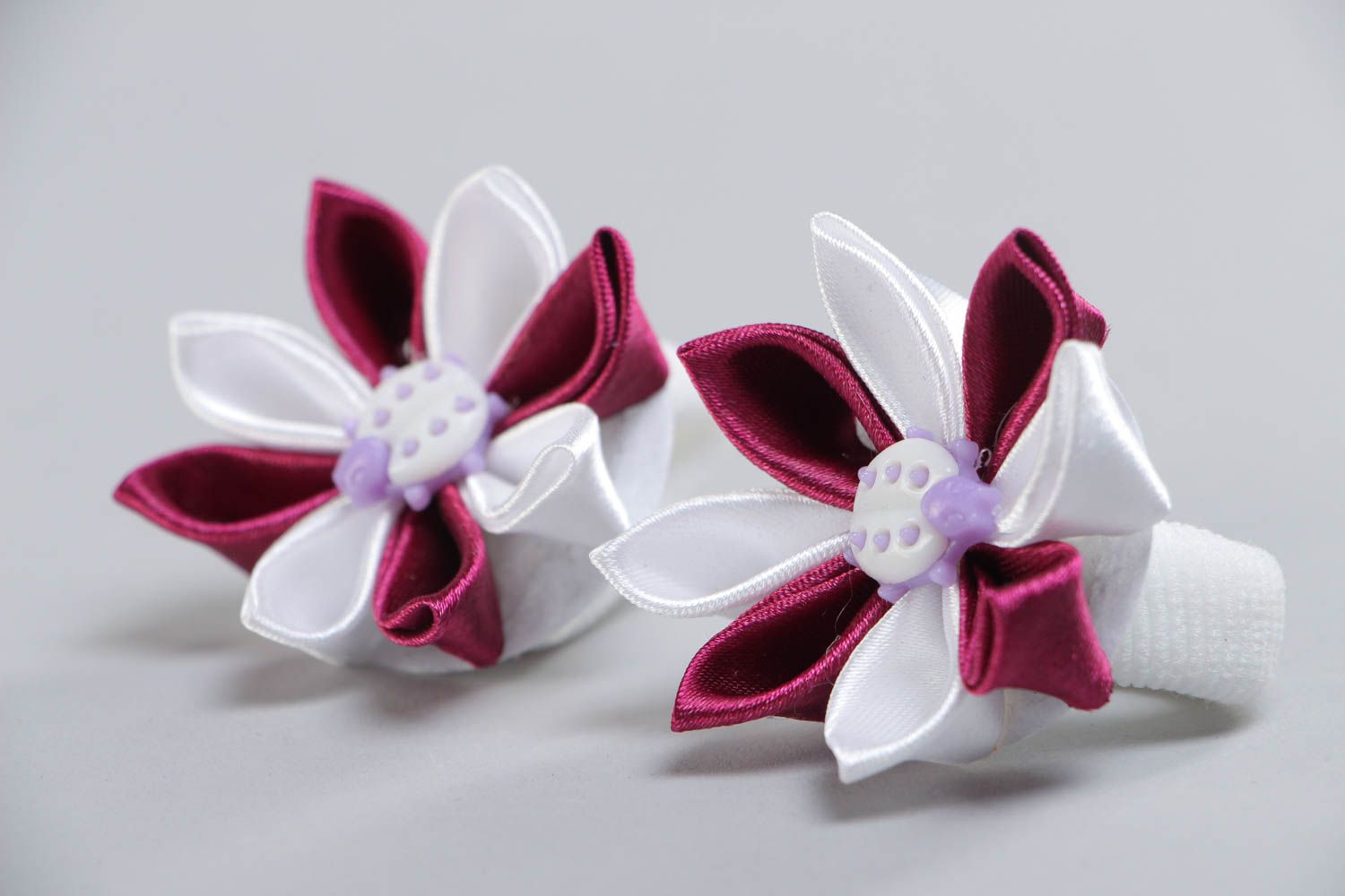 Beautiful white and claret handmade satin ribbon hair ties set with flowers 2 pieces photo 2