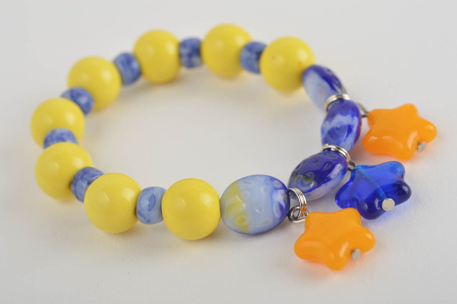Yellow and blue beads bracelet on elastic cord cute with orange charms for girls  photo 2