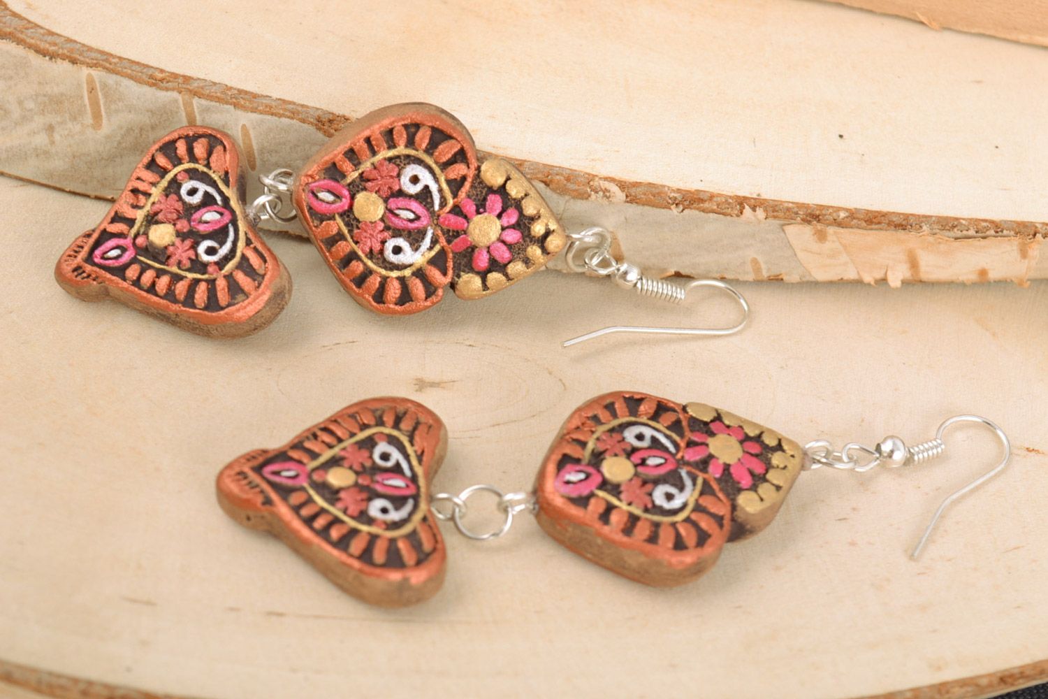 Handmade long dangling ceramic earrings painted with acrylics in ethnic style photo 1