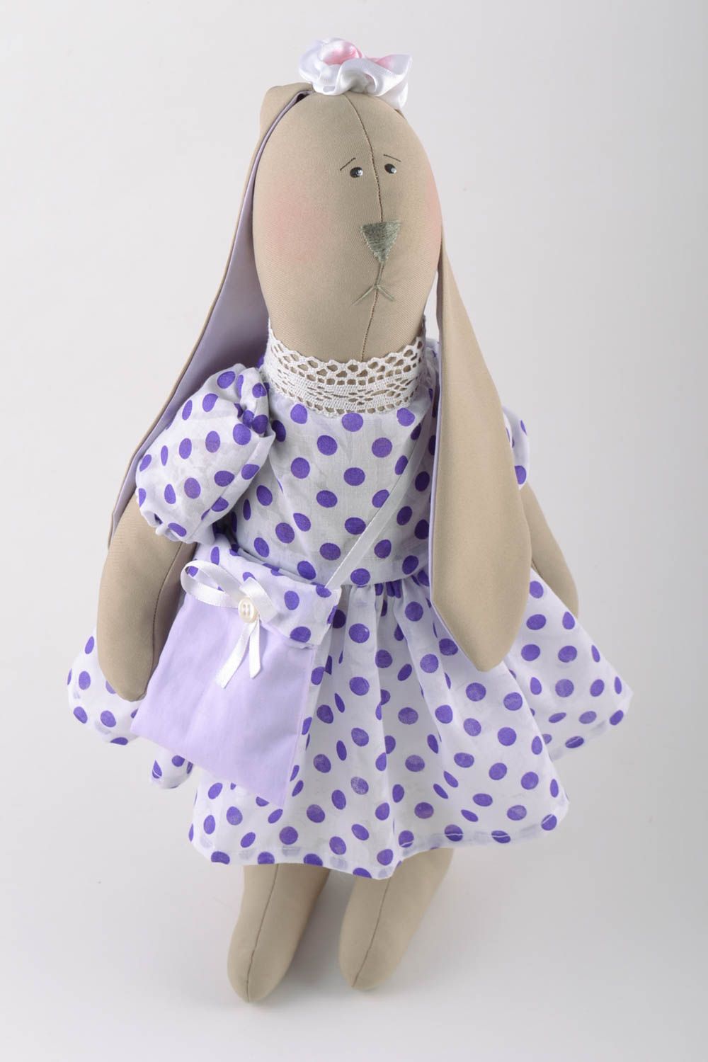 Handmade natural fabric soft toy rabbit in violet polka dot dress with bag  photo 2