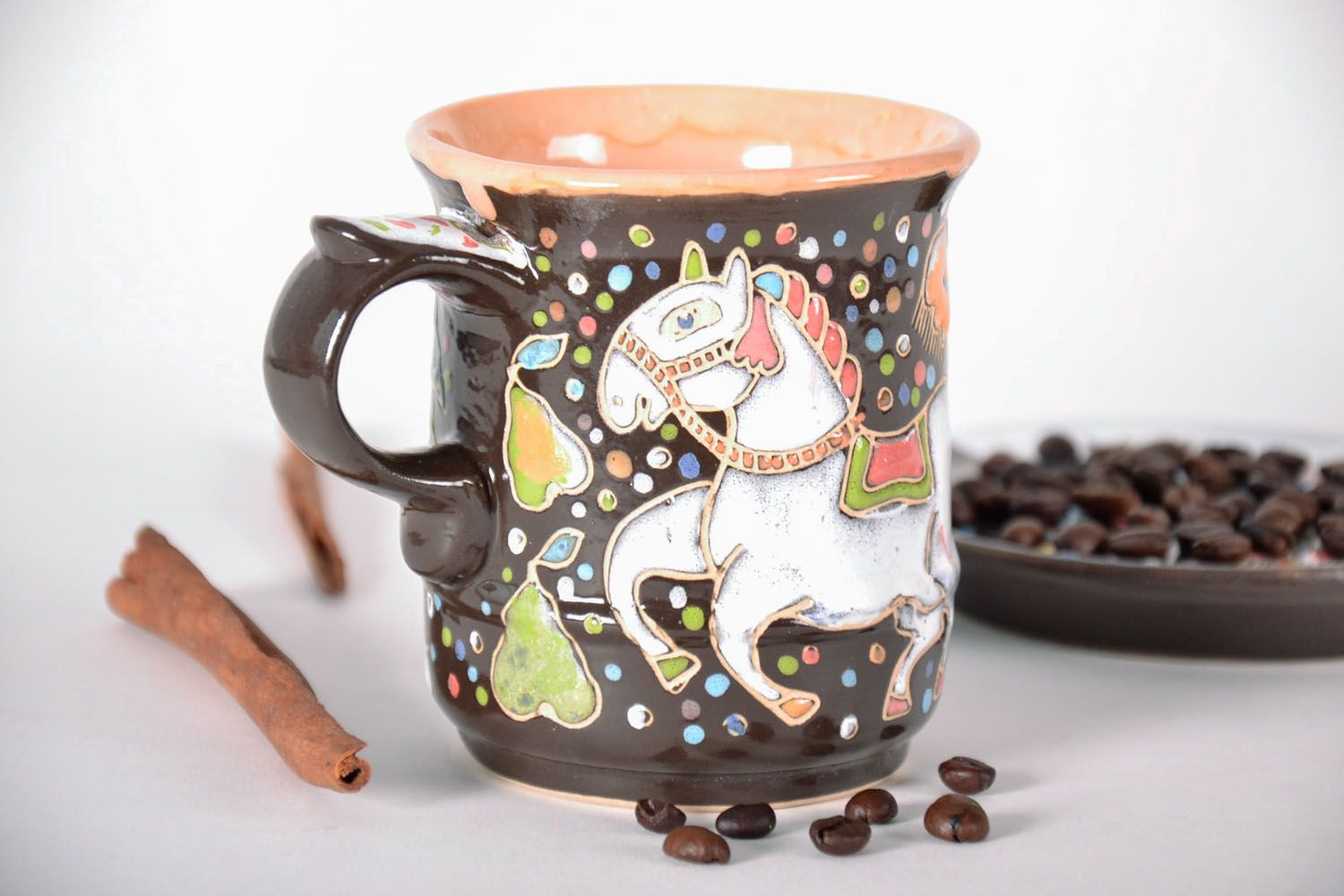 8 oz porcelain glazed clay coffee mug with hand-painted horse pattern photo 1