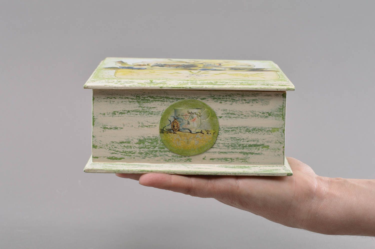 Boîte à thé compartimentée en bois faite main en serviettage originale photo 4