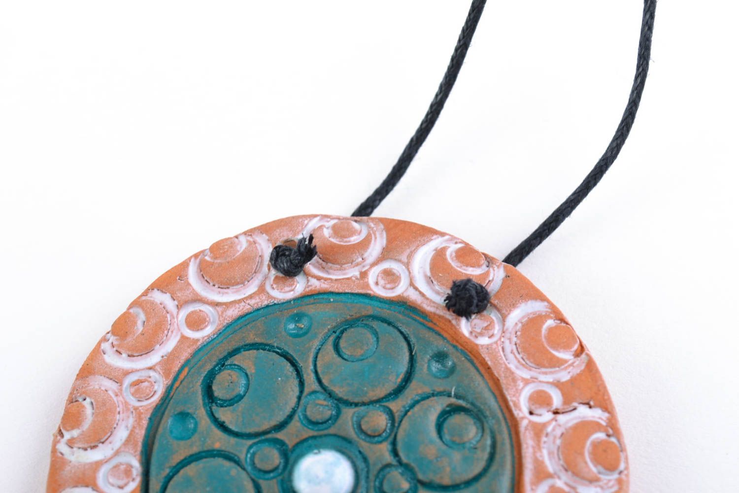 Handmade designer round ceramic pendant necklace painted with acrylics  photo 3
