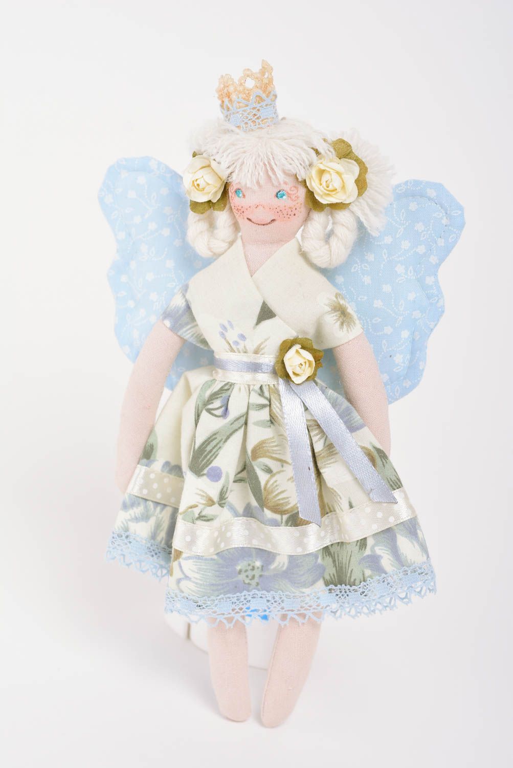 Handmade designer fabric soft doll angel girl with blue wings and crown photo 1