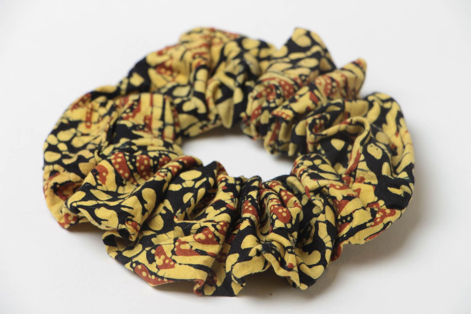 Handmade laconic decorative cotton fabric hair band in yellow and brown colors photo 3