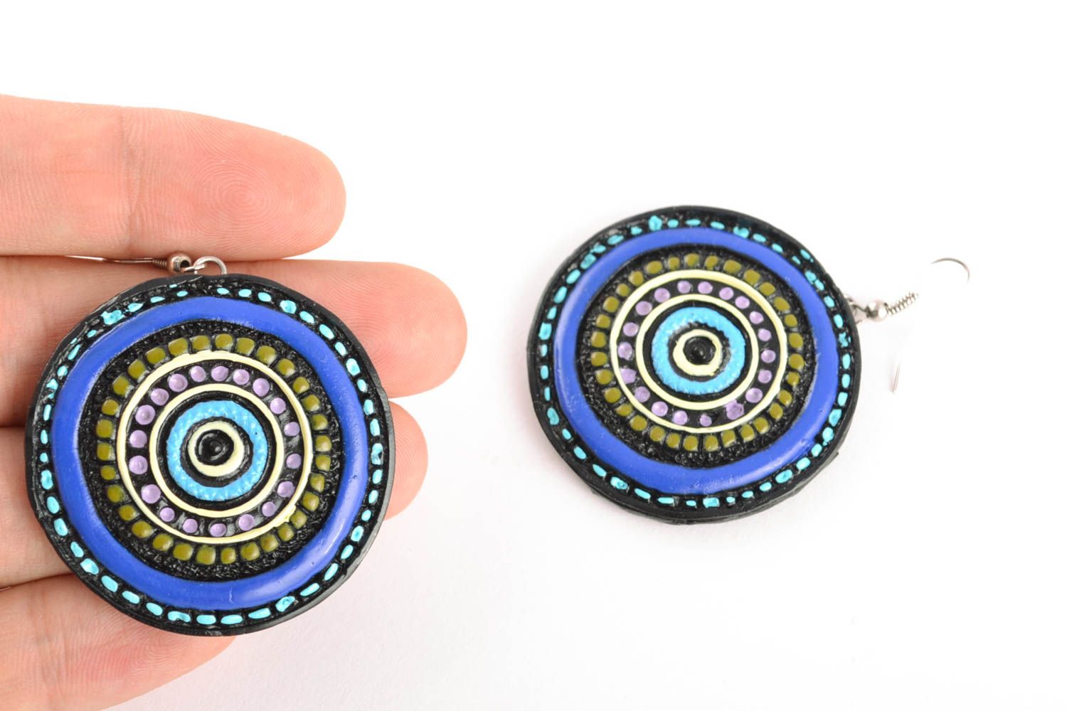 Handmade round polymer clay earrings with ornament photo 2