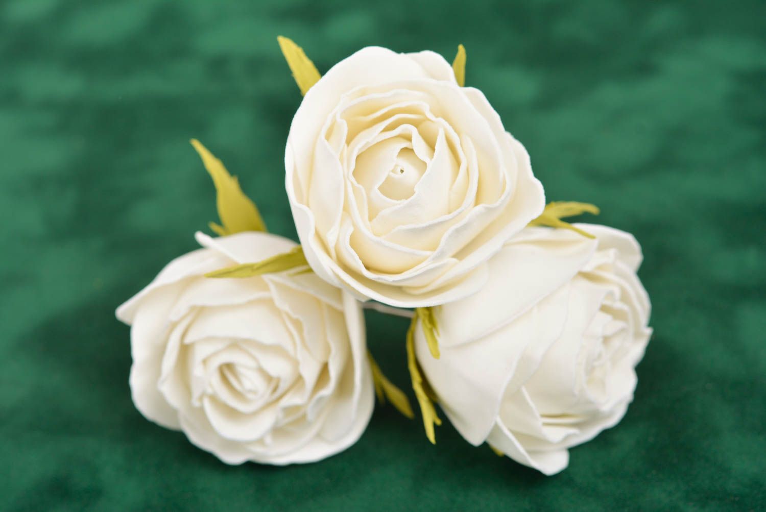 Set of 3 handmade decorative metal hair pins with foamiran white rose buds photo 1