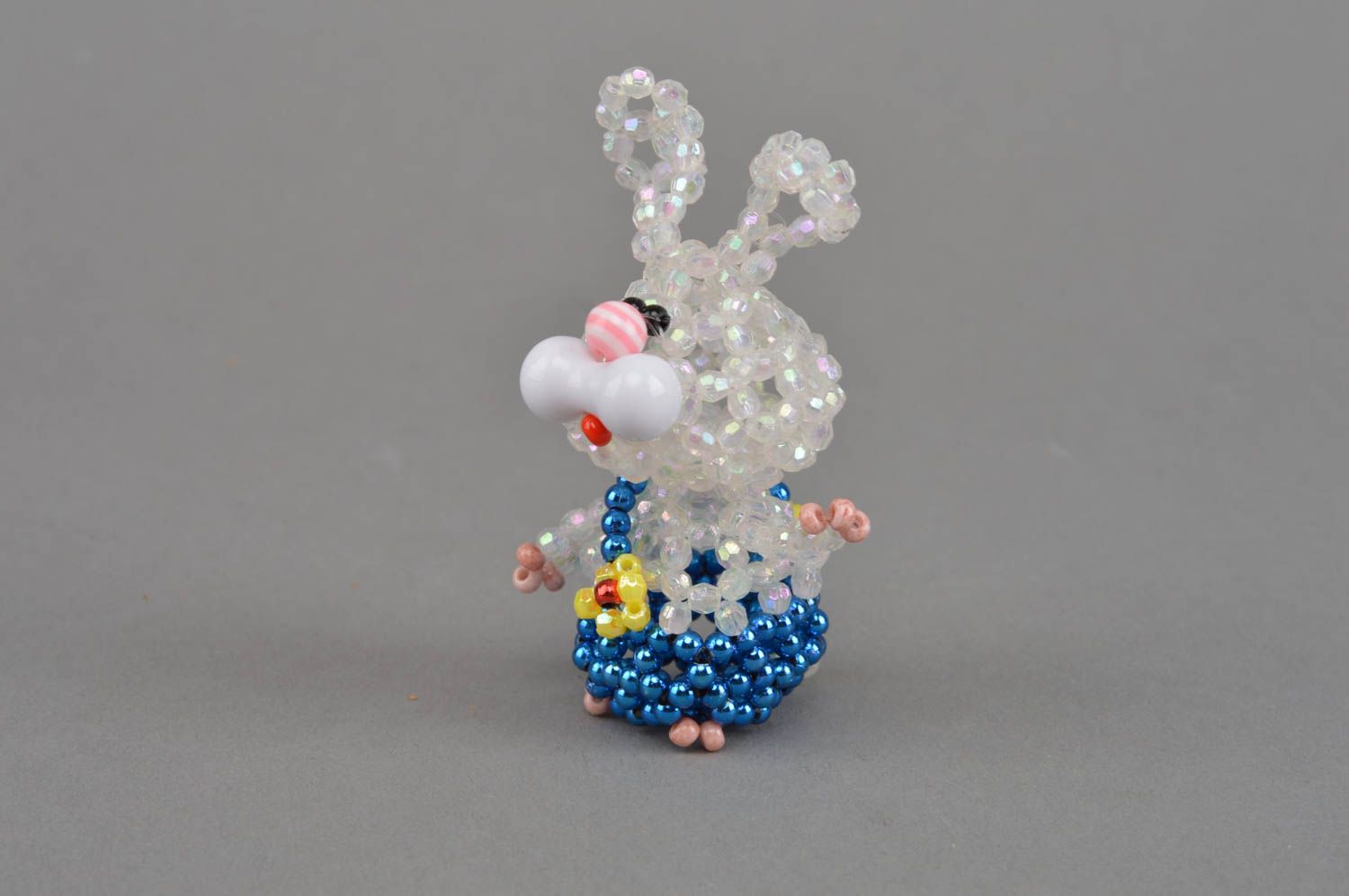 Miniature handmade beaded figurine of hare in blue panties for home decor photo 2