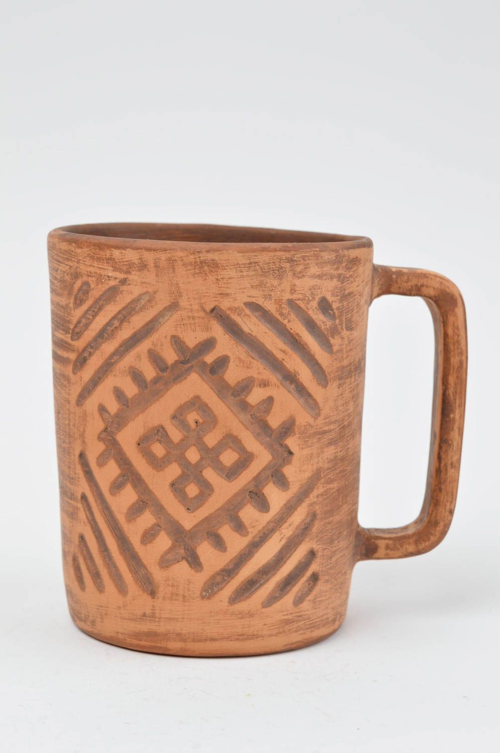 Clay handmade coffee mug with square handle and geometric pattern photo 2