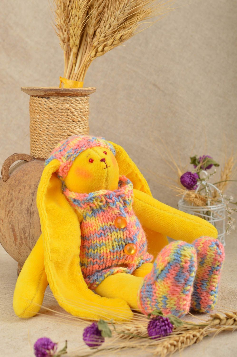Doudou lapin jaune fait main Peluche en tissu de coton Cadeau enfant original photo 1