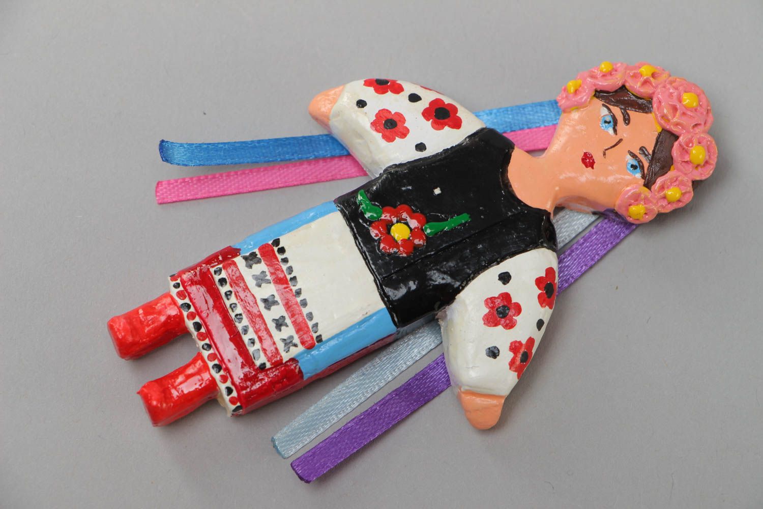 Handcrafted decorated with designs refrigerator magnet in the form of Ukrainian girl made of plaster photo 2