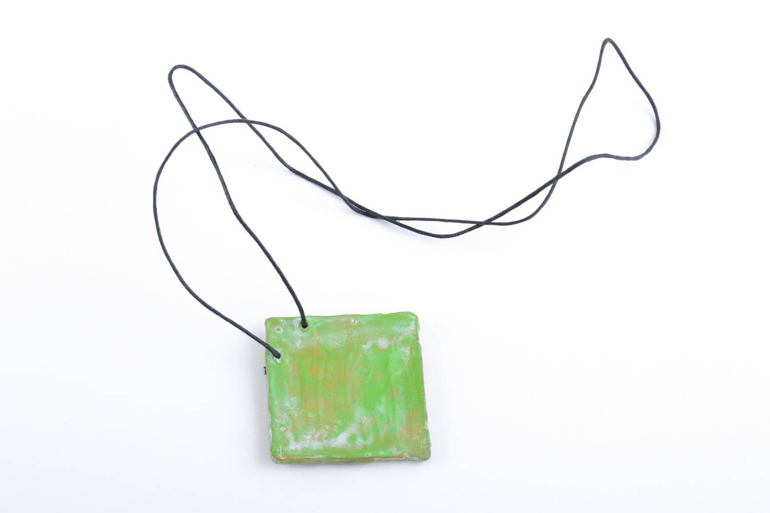 Ceramic designer handmade square pendant on long cord with acrylic paintings  photo 4