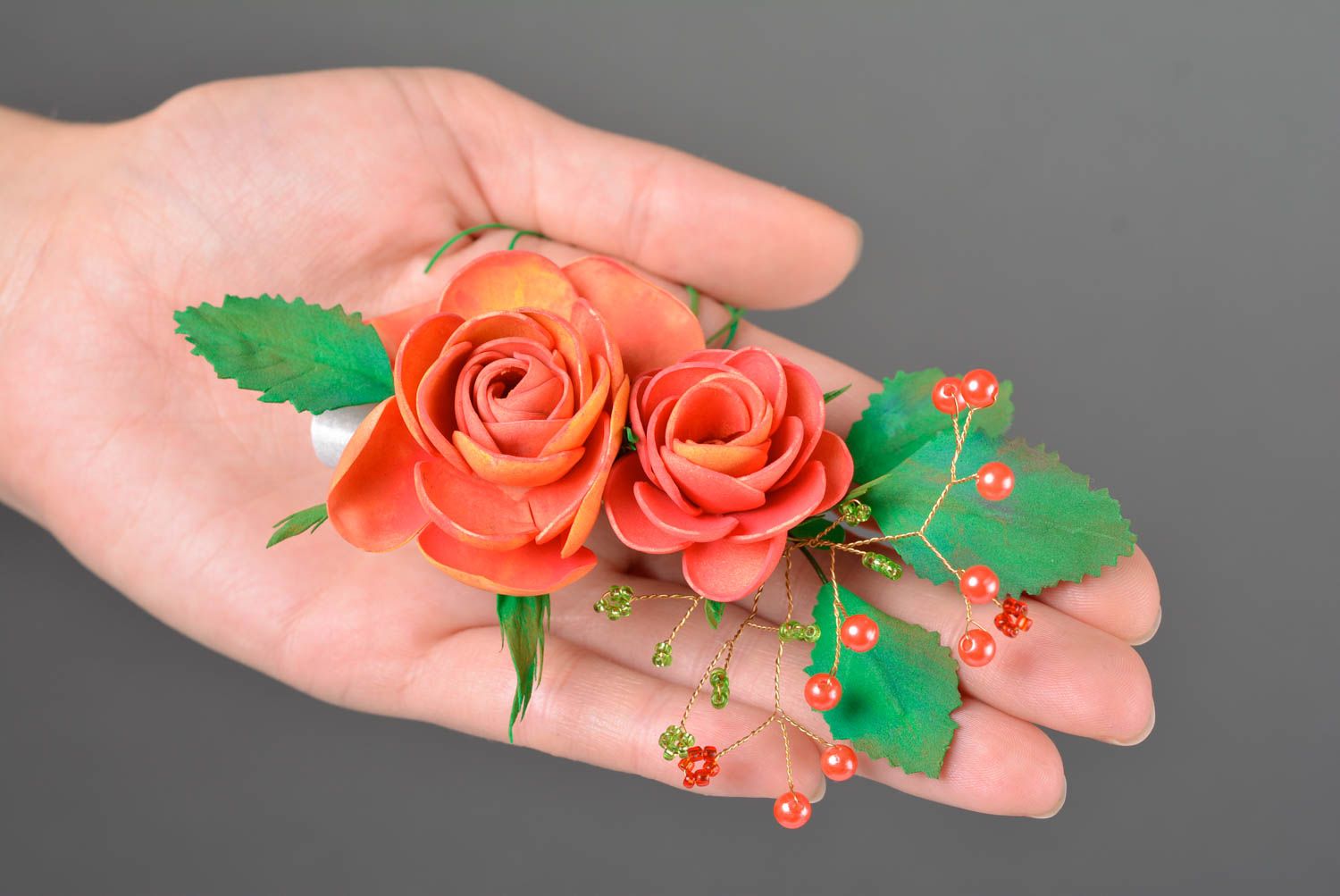 Unusual handmade designer foamiran flower barrette with beautiful rose photo 2