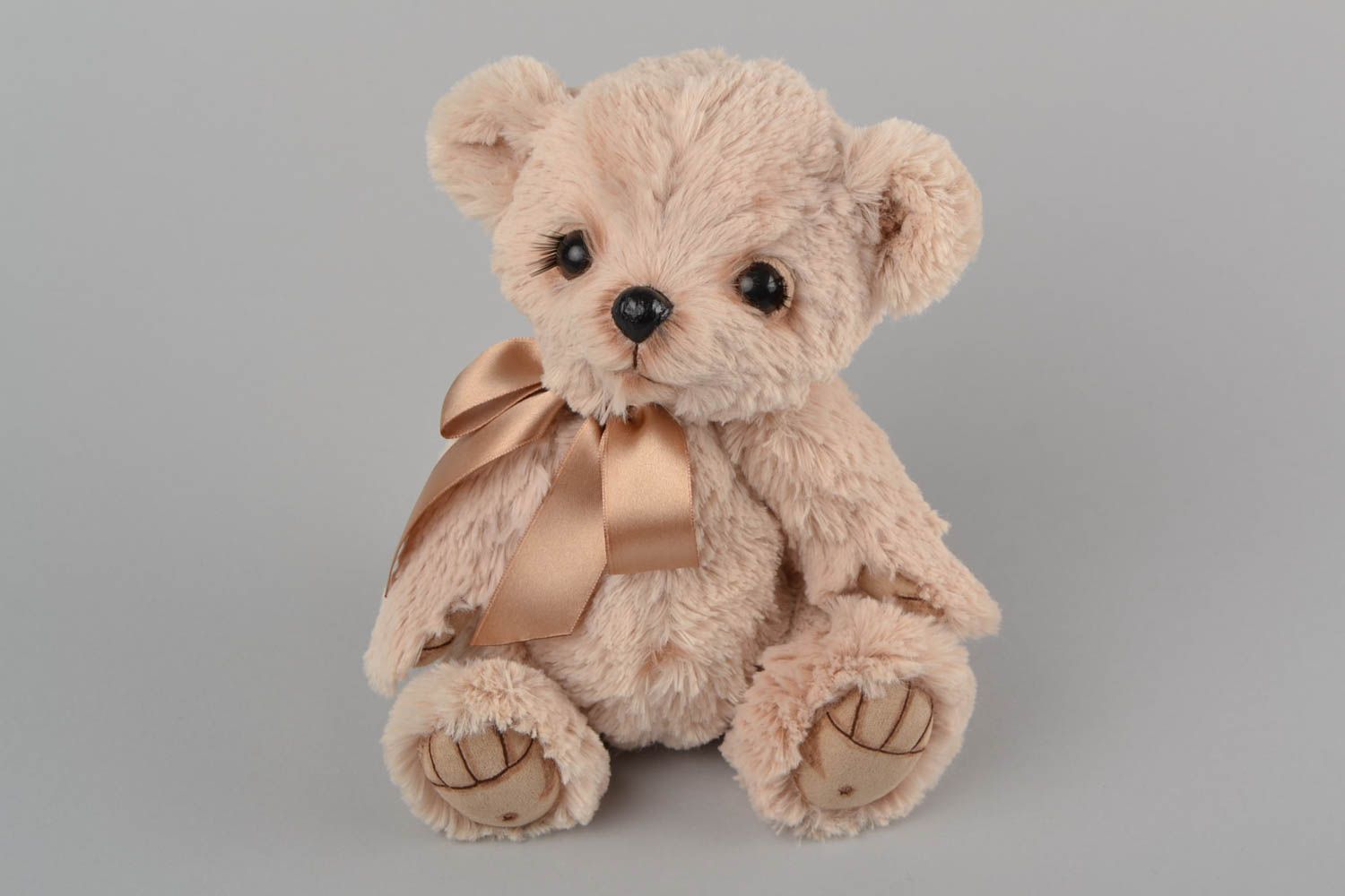 Handmade designer interior soft toy sewn of beige faux fur Bear with ribbon bow photo 3