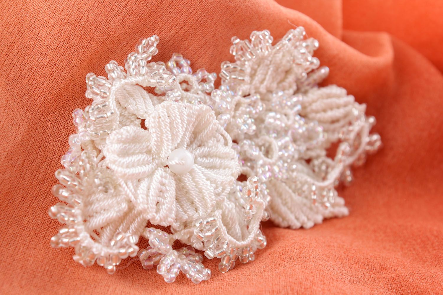 White brooch woven of beads and threads photo 4