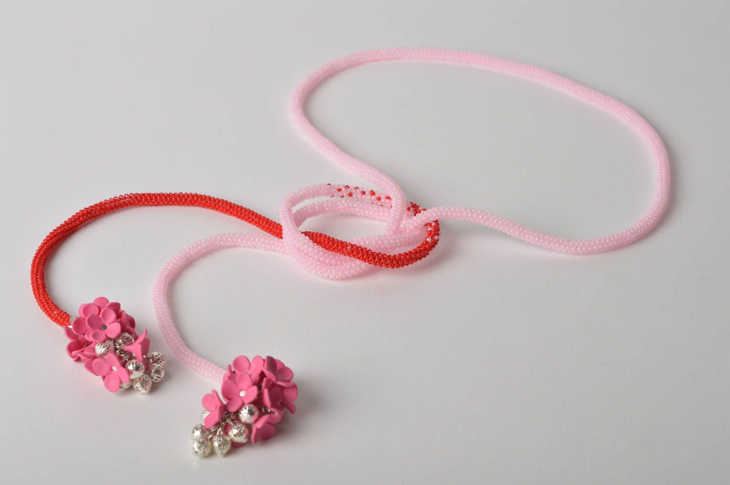 Handmade Rocailles Kette lange Halskette Damen Collier rot rosa mit Blumen foto 4