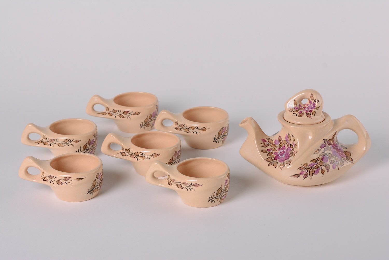 Handmade beautiful clay tea set for six persons majolica with painting majolica ceramics  photo 1