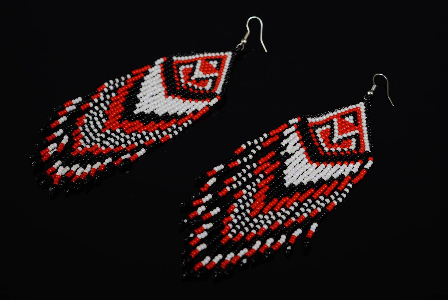 Unusual handmade ethnic design long earrings with beaded fringe of three colors photo 1