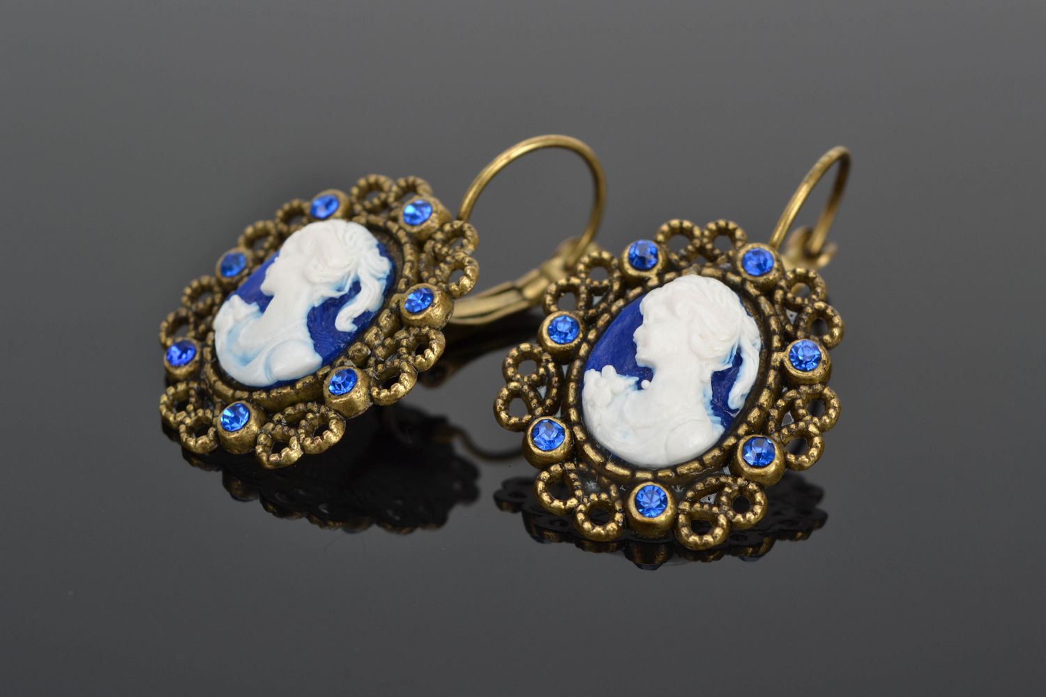 Polymer clay dangle earrings Blue Cameo
 photo 1
