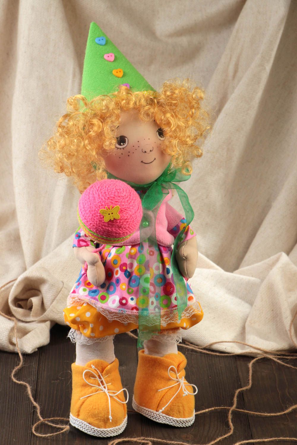 Beautiful handmade cotton fabric soft doll Curly children's toy photo 1