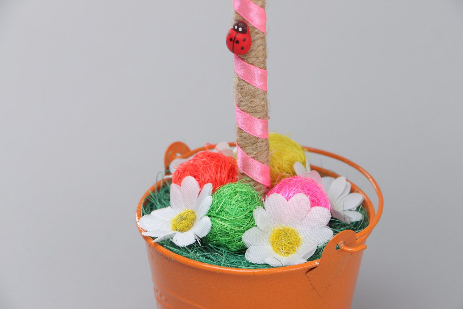 Topiary tree of happiness hand made of sisal and satin ribbons with flowers photo 4