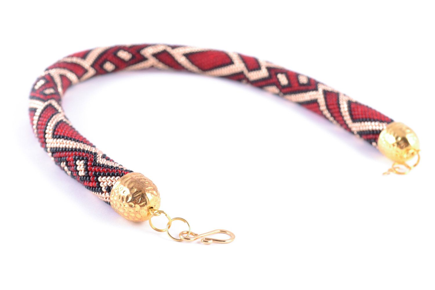 Handmade red Czech bead cord necklace with geometric patterns photo 5
