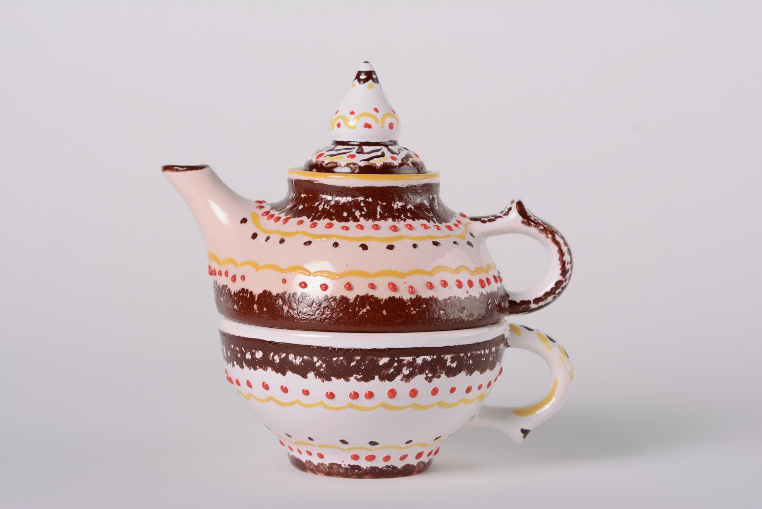 Handmade decorative glazed ornamented ceramic tea set for one teapot and cup photo 1