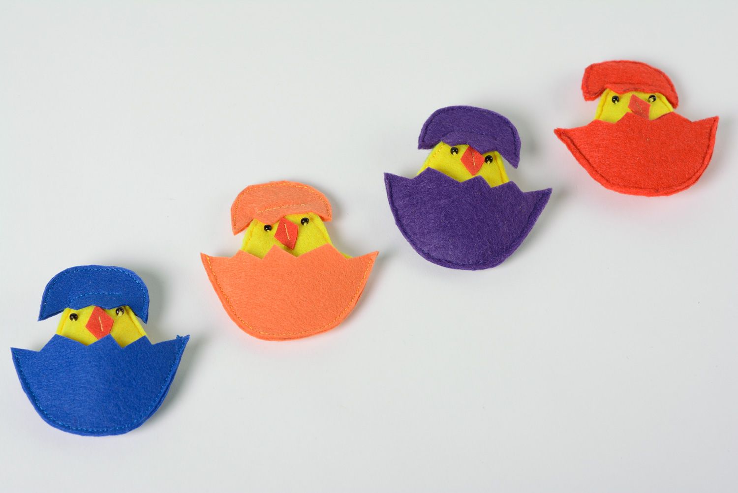 Set of bright handmade educational toys sewn of felt Chickens in eggshell 4 items photo 1
