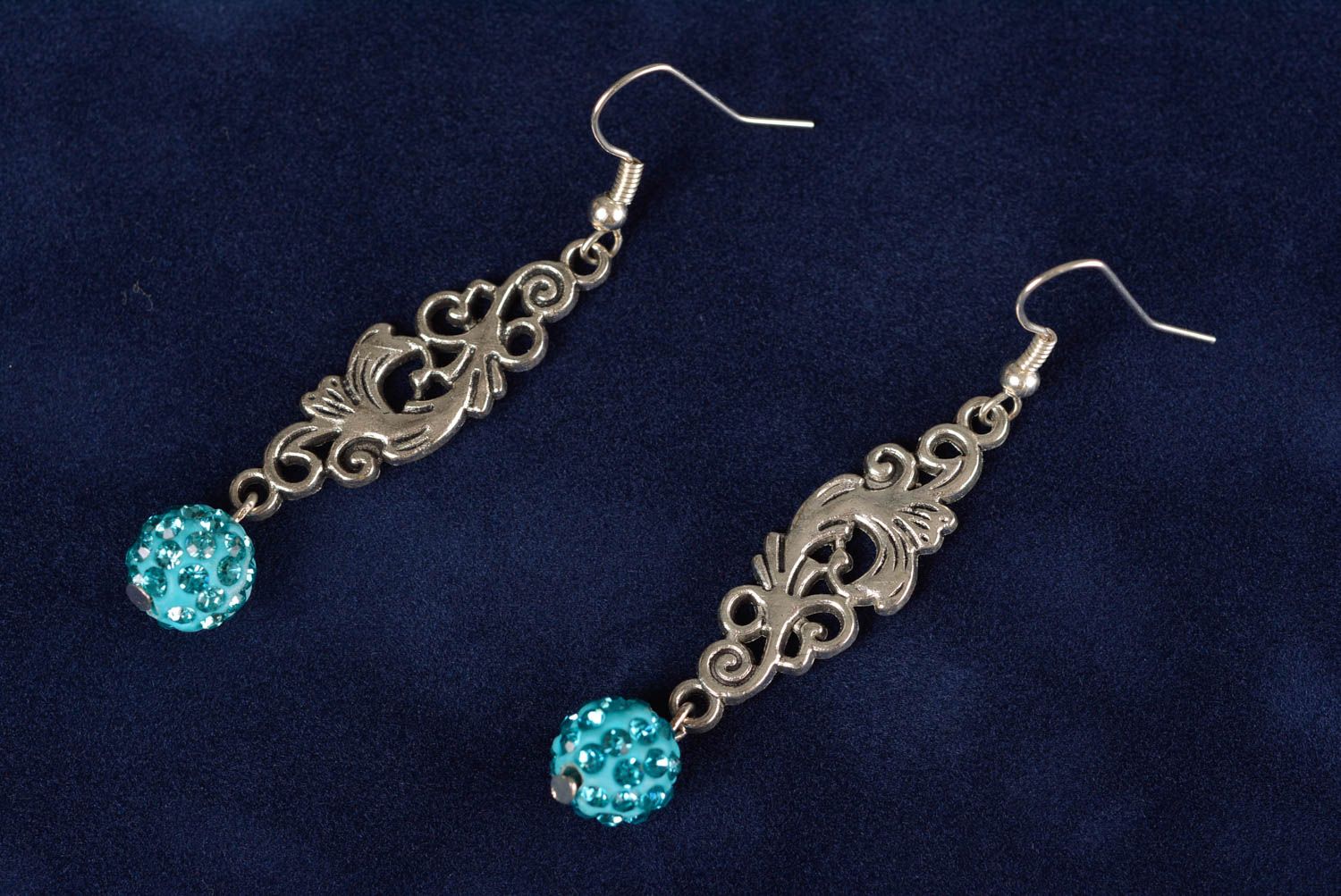 Handmade designer lacy metal dangle earrings with blue beads with rhinestones photo 1