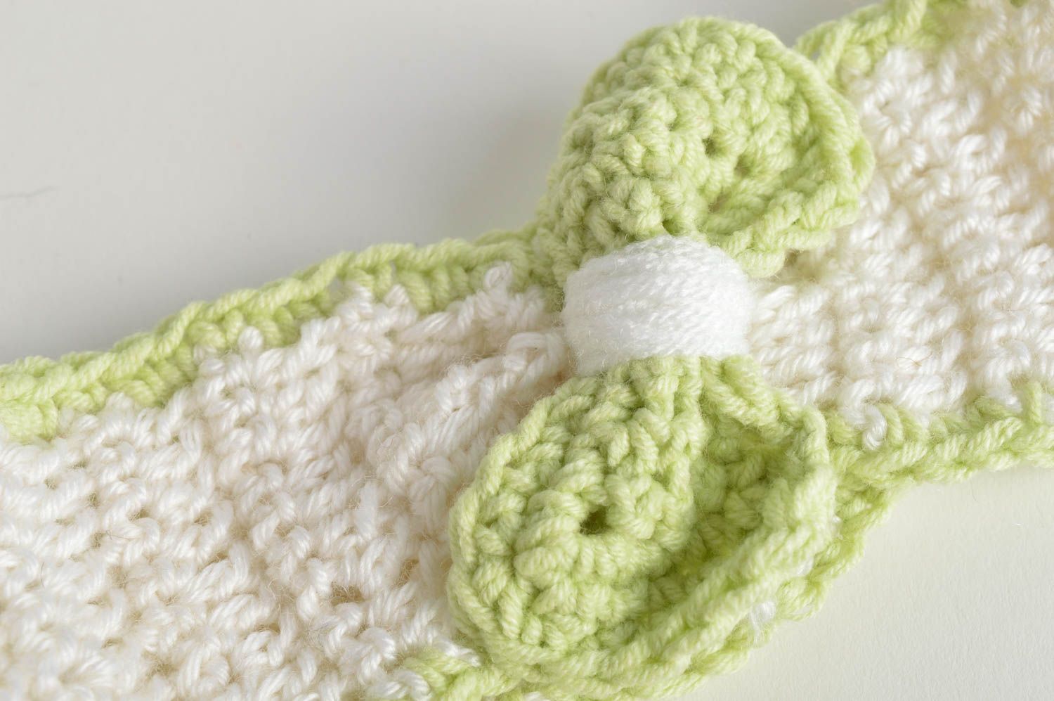 Beautiful white and green handmade children's crochet headband with bow photo 4