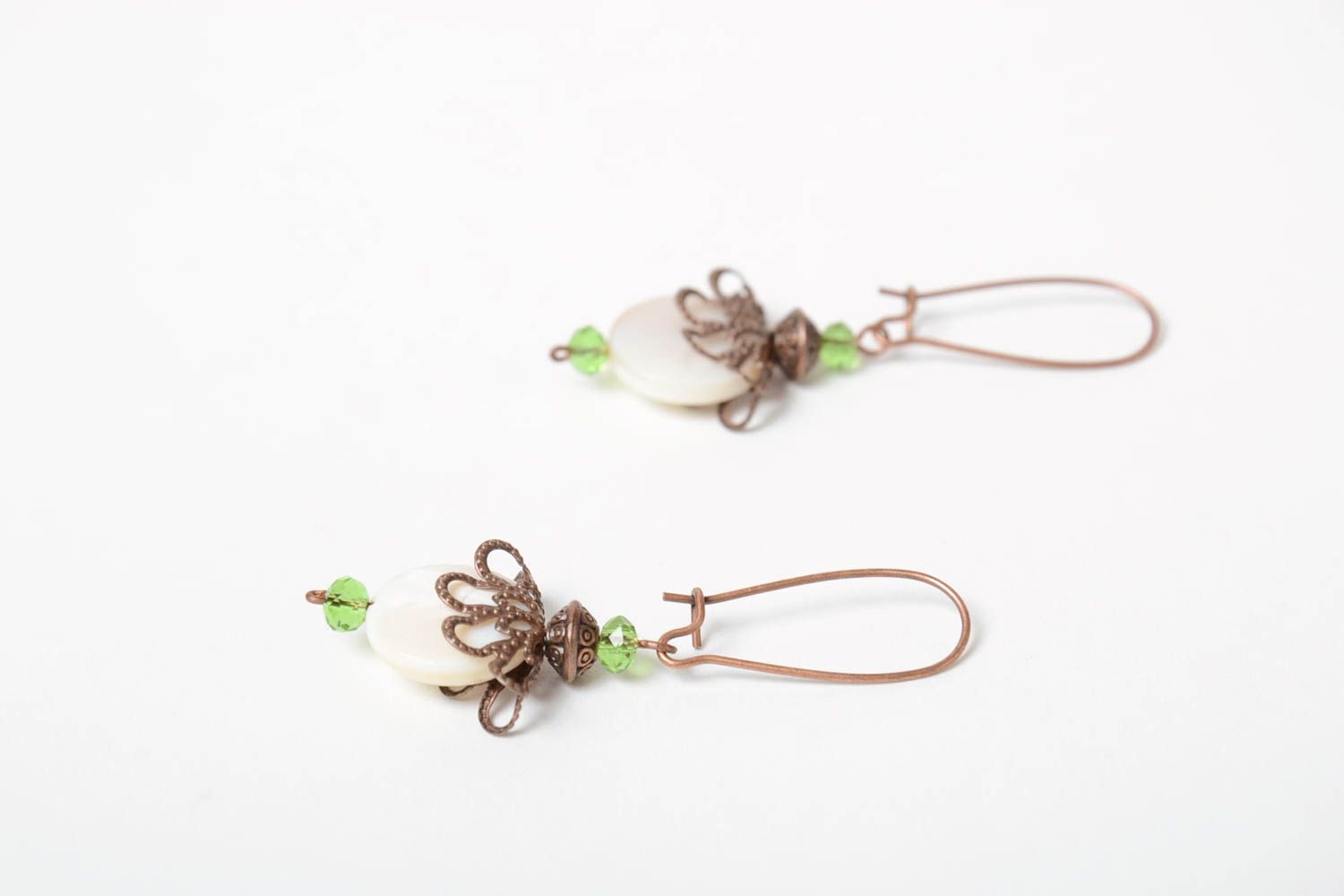 Unusual beautiful handmade wire wrap copper earrings with quartz photo 3