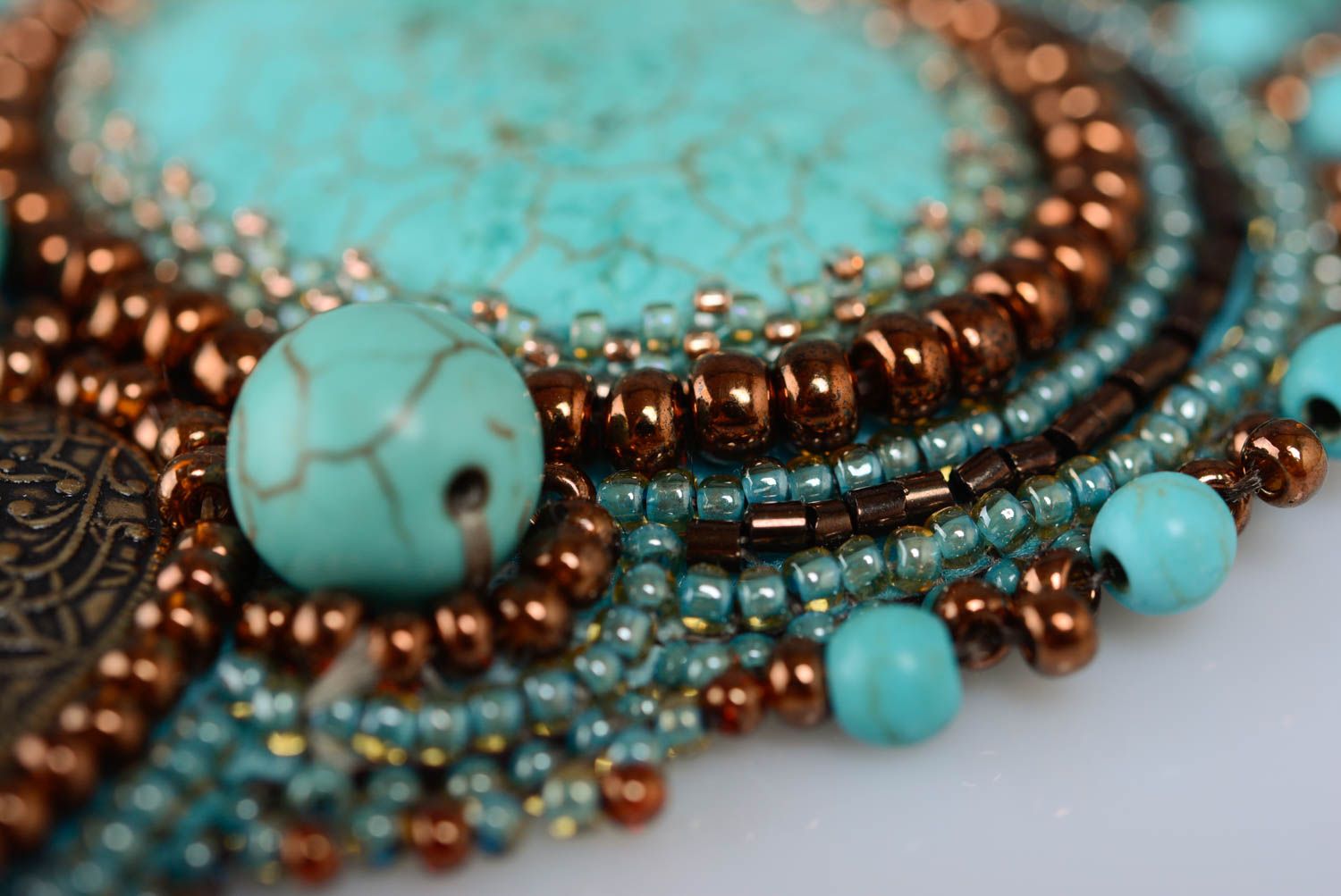 Handmade designer massive necklace embroidered with beads with natural howlite photo 5