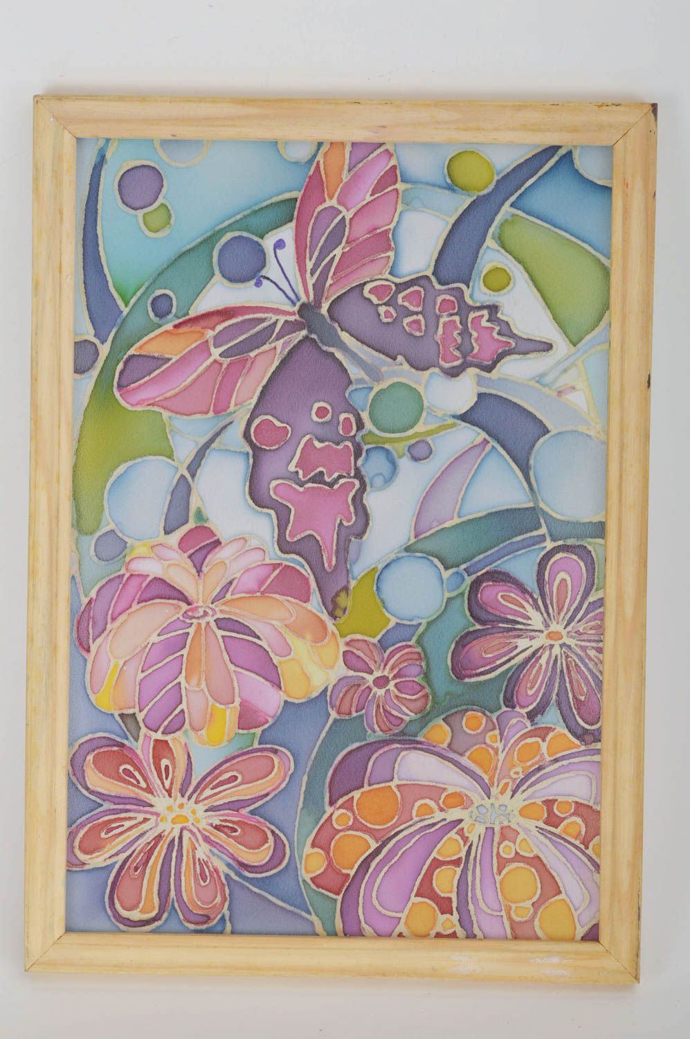 Handgemachtes Stoff Wandbild in Batik im Holzrahmen bunte Blumen für Dekoration foto 5