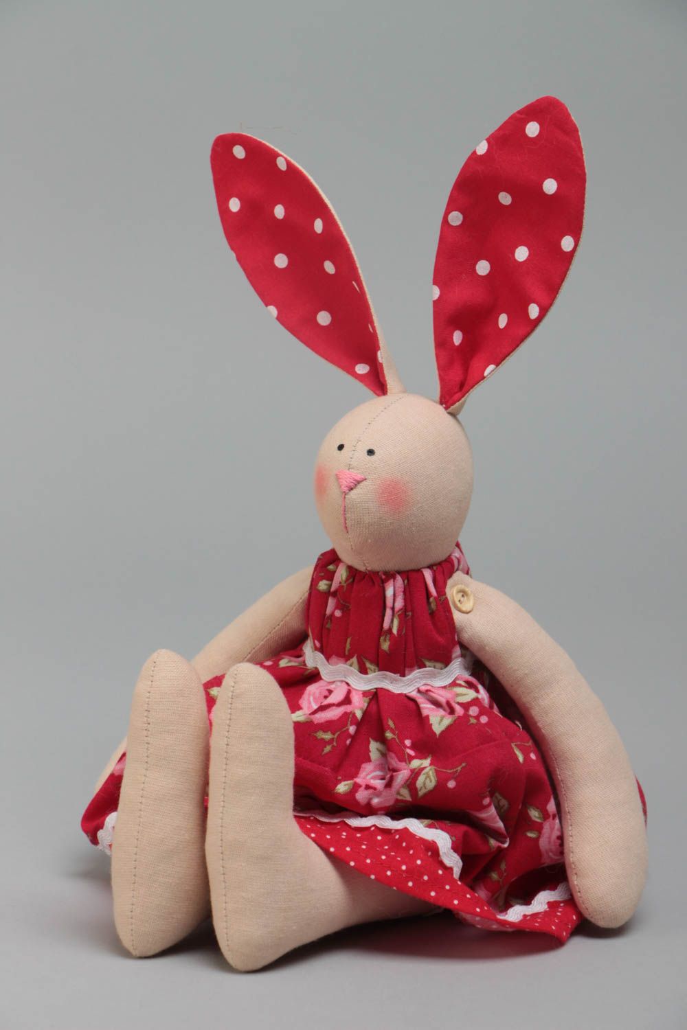 Handmade designer cotton fabric soft toy rabbit girl in dress with red ears photo 2