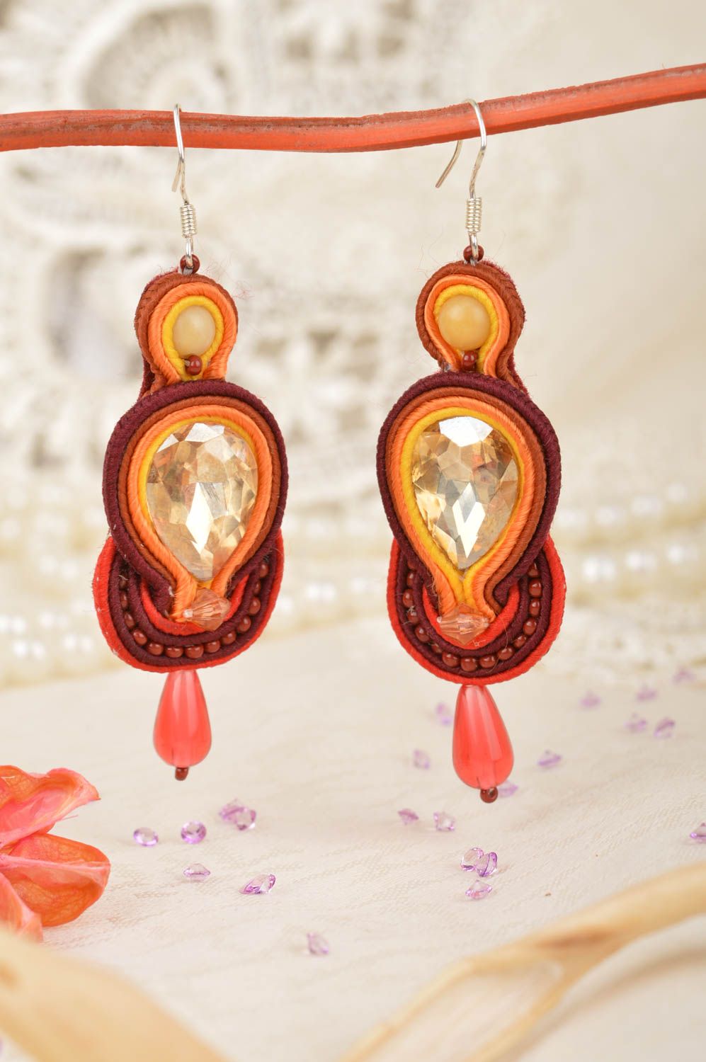 Beautiful women's handmade large dangle soutache earrings of claret color photo 1