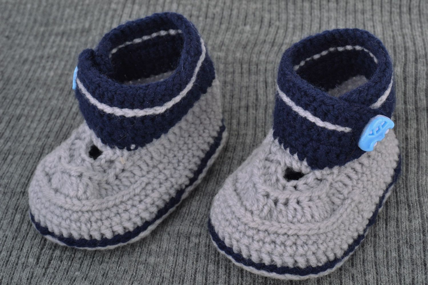 Gray and blue handmade knitted wool baby booties photo 1