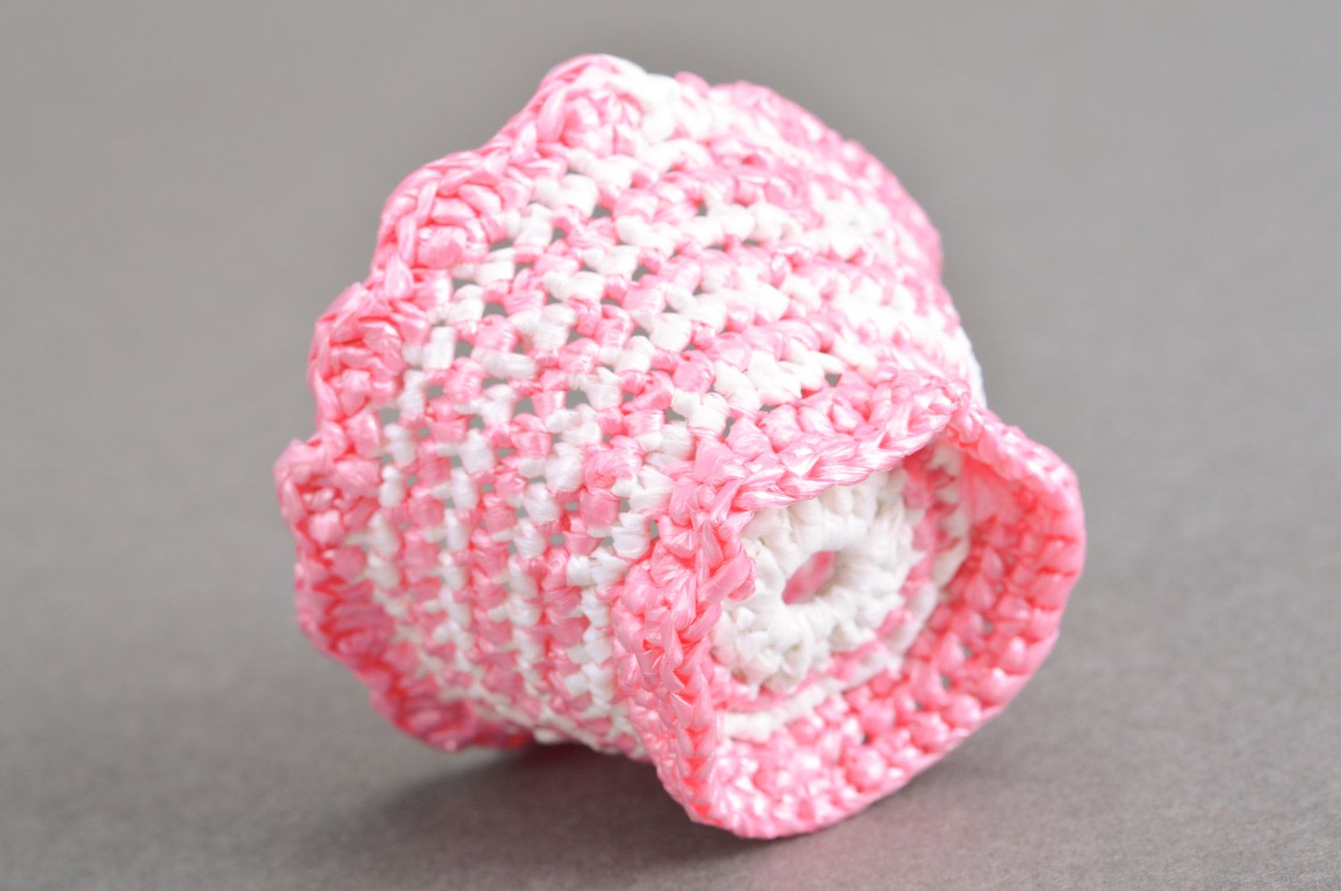 Handmade Easter egg stand crocheted of plastic threads in pink and white colors photo 5