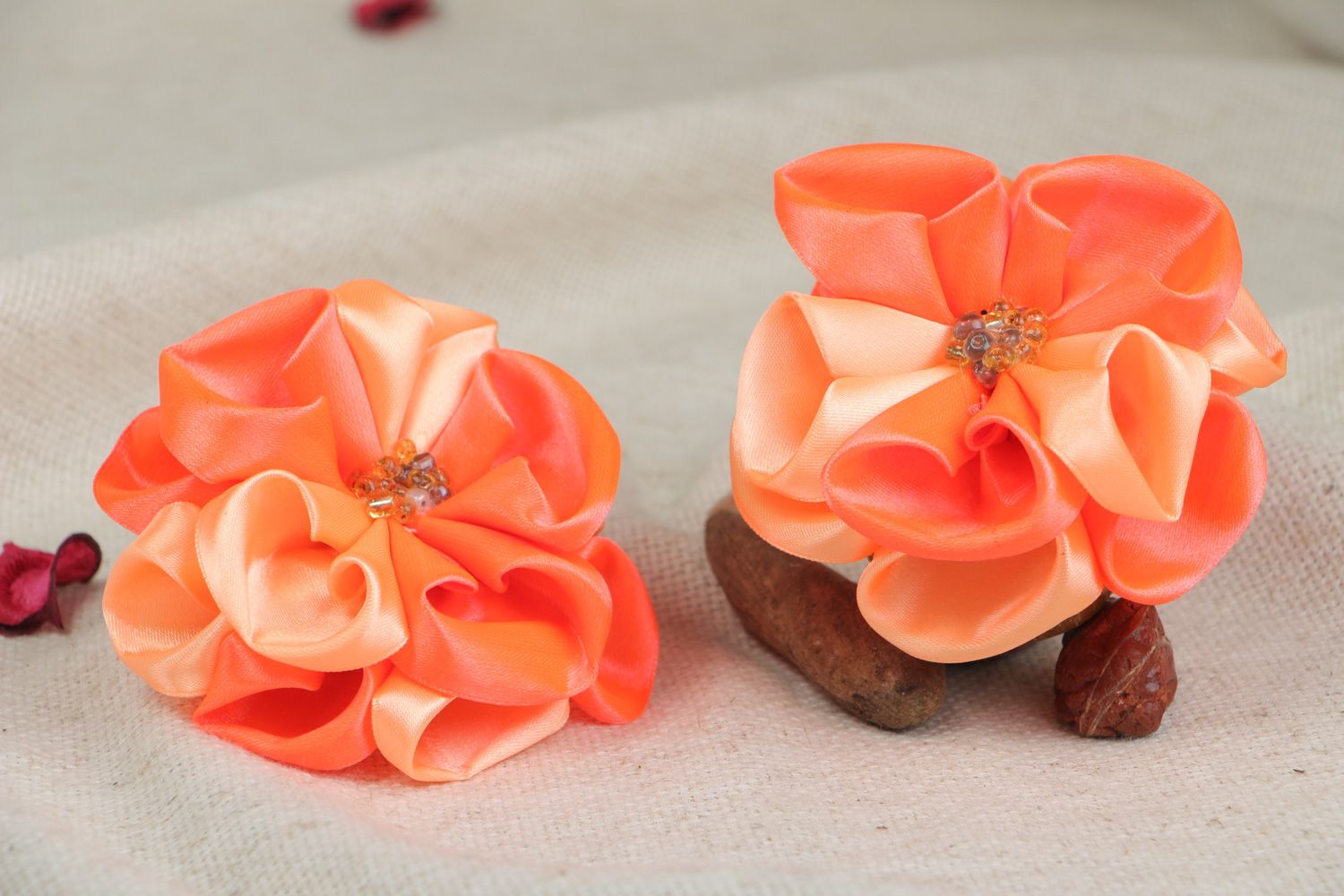 Set of handmade festive hair ties with bright flowers made of satin fabric photo 5
