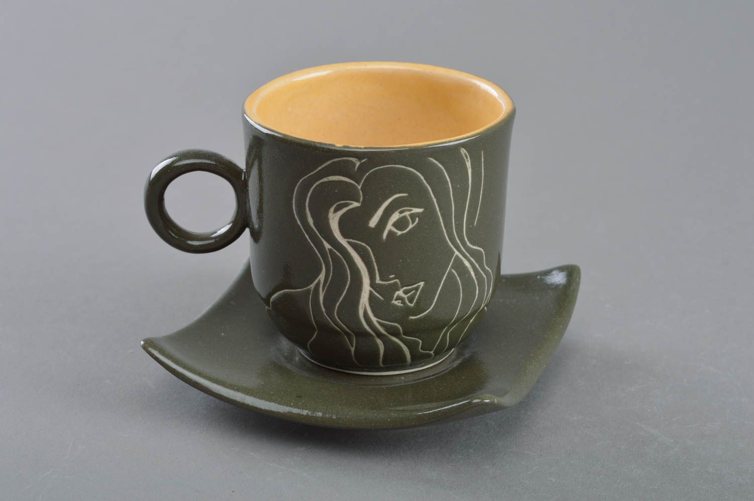 Elegant espresso coffee ceramic dark green color cup with handle and coffee. Great gift for a woman. photo 1