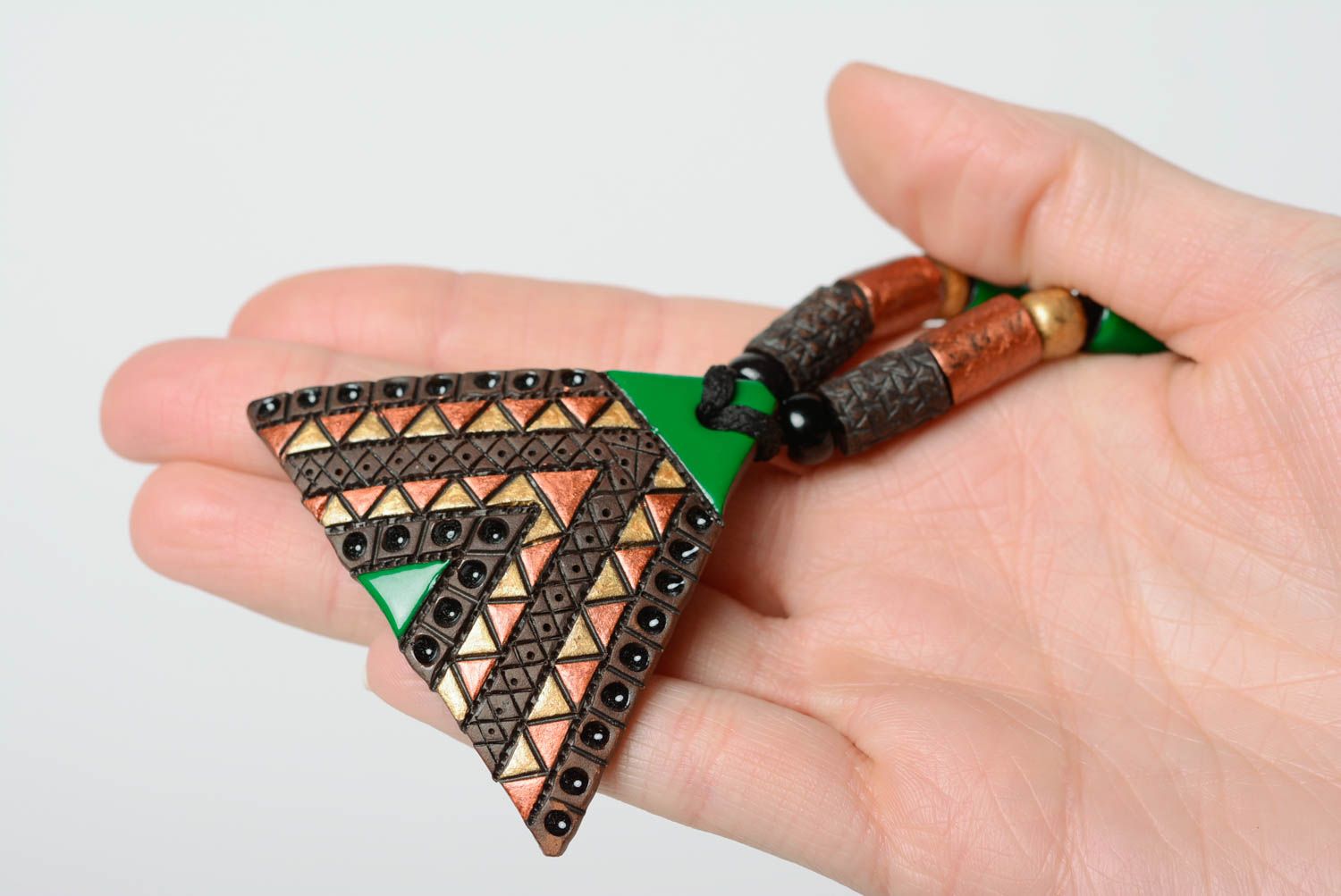 Handmade triangular pendant in ethnic style milk firing technique stylish jewelry photo 3