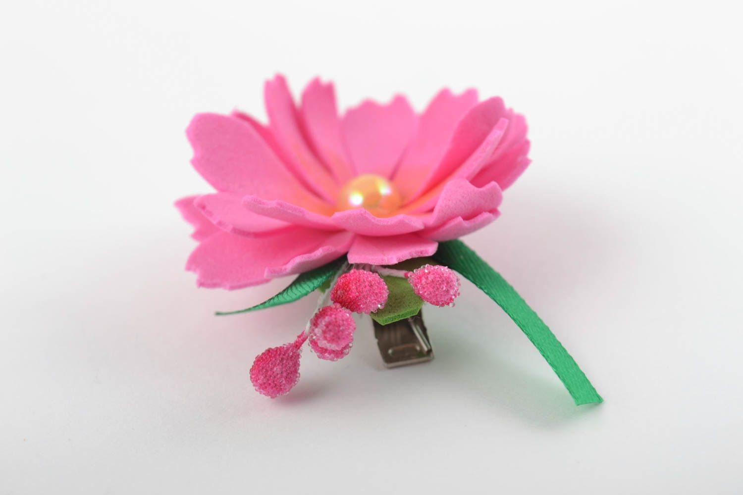 Barrette à cheveux fleur rose en foamiran faite main joli accessoire femme photo 5