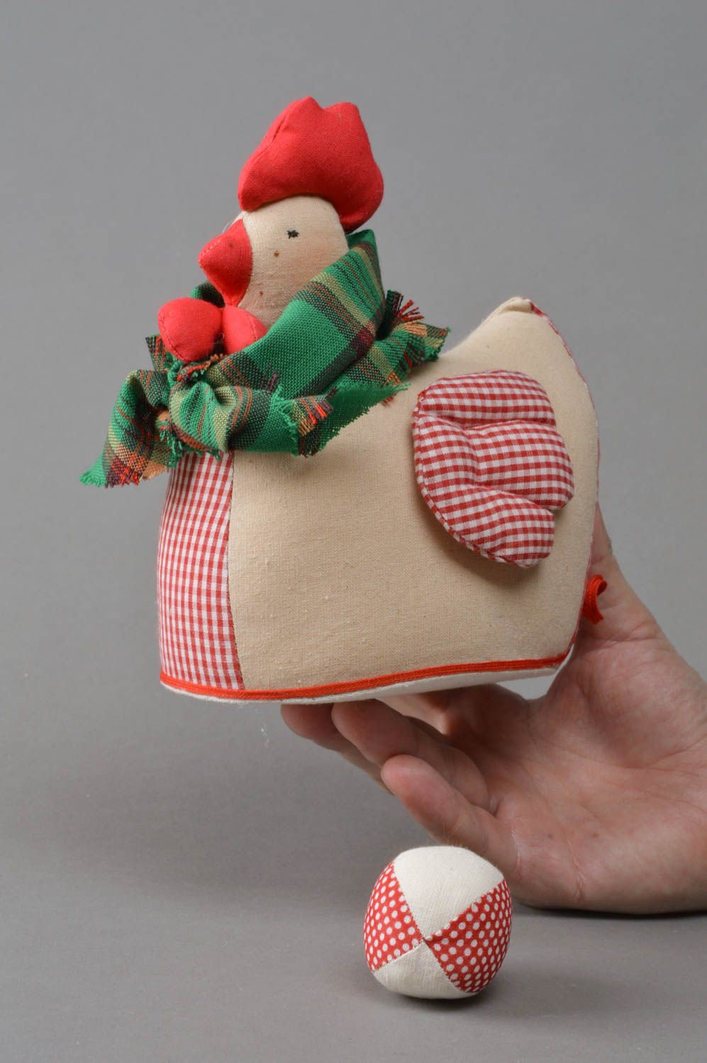 Handmade designer interior soft toy sewn of bright cotton fabric Chicken with egg photo 4